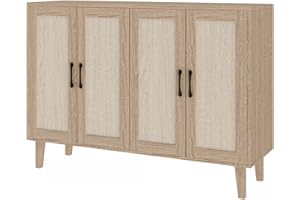 Panana Buffet Storage Cabinet with Rattan Decorating 4 Doors Living Room Kitchen Sideboard 48.43 x 34.65 x 15 inch (Natural Wood)