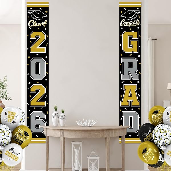 2026 GRADUATION DECORATIONS,CONGRATS GRAD BANNER BACKDROP FOR CLASS OF 2026 DECORATIONS- BLACK AND GOLD GRADUATION PARTY DECORATIONS