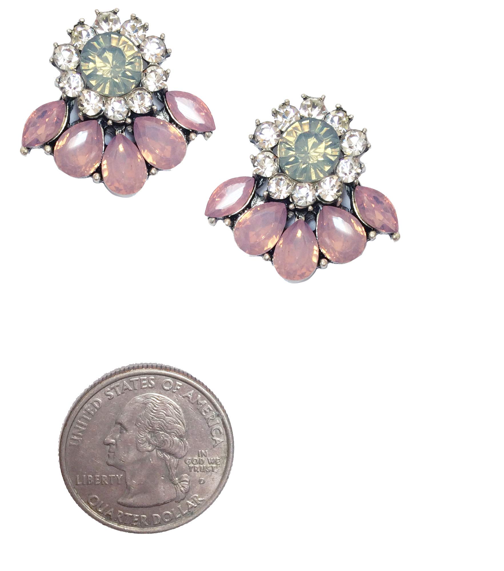 Art Deco Antique Vintage Style Pink Opal Rhinestone Bridal Bridesmaid Wedding Prom Cluster Earrings