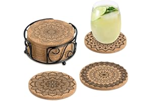 KFK Coasters for Drinks Absorbent Cork Coasters with Holder Housewarming Gifts for New Home Present for Friends,Living Room Decor,Apartment Decor