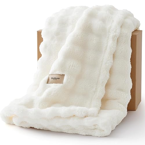 Bedsure Cosy Bubble Fleece Blanket - Soft Plush Throw Blanket for Adults, Lightweight & Warm, Off White, 130x170 cm for Sofa Throw, Bed, Gift Idea