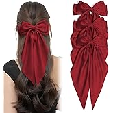 3PCS Wine Red Large Hair Bows for Women Oversized Long Tail Bow Hair Clips Satin Ribbon Bow Hair Barrettes Ponytail Holder Vintage Christmas Date Hair Accessories for Girls Teens