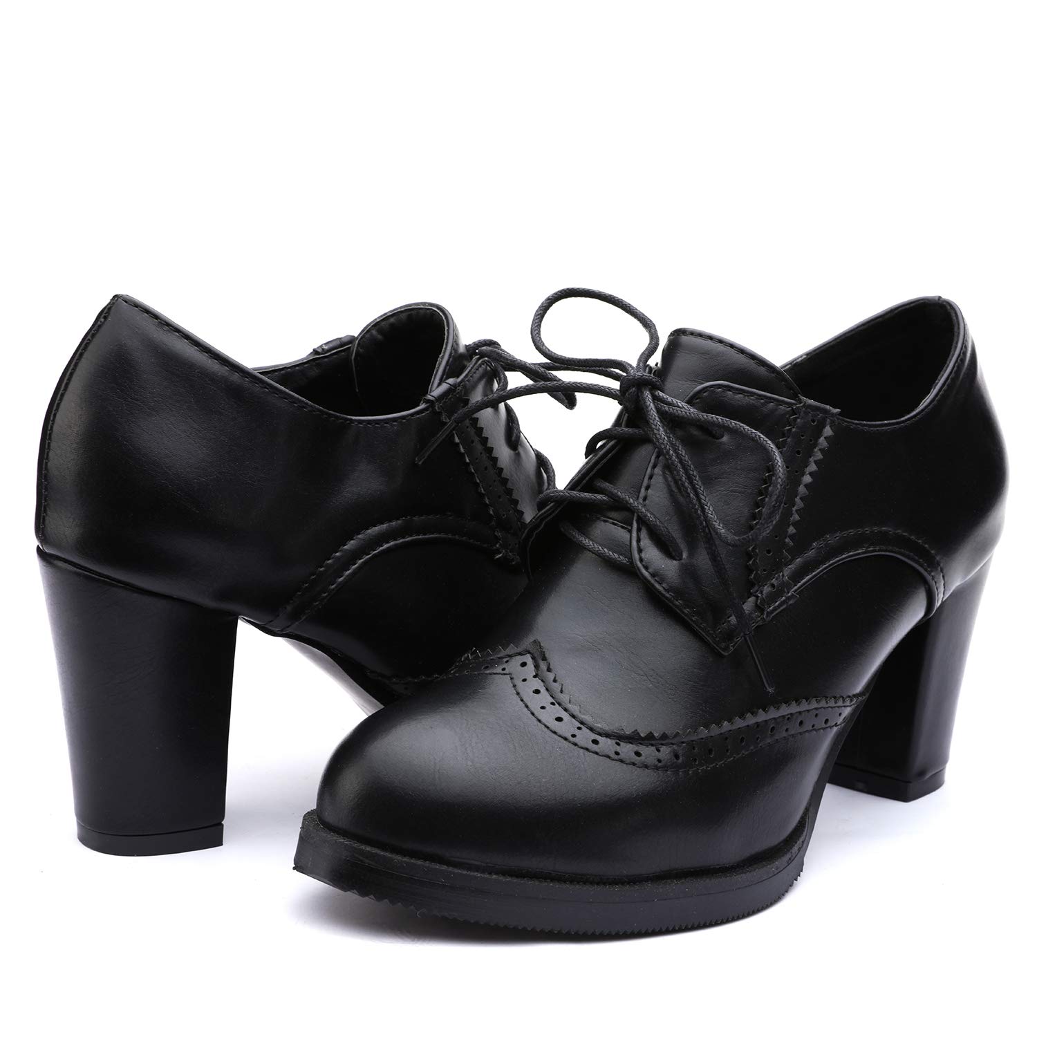 Odema Womens PU Leather Oxfords Brogue Wingtip Lace Up Dress Shoes Chunky High Heels Pumps Oxfords - Image 3