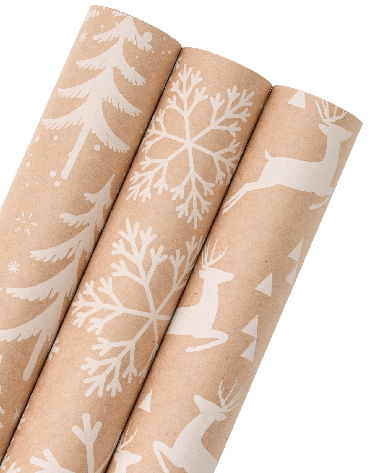 Photo 1 of WRAPAHOLIC Kraft Christmas Wrapping Paper Roll - Mini Roll - 3 Rolls - 17 Inch X 120 Inch Per Roll - White Christmas Tree, Reindeer, Snowflake Holiday Collection