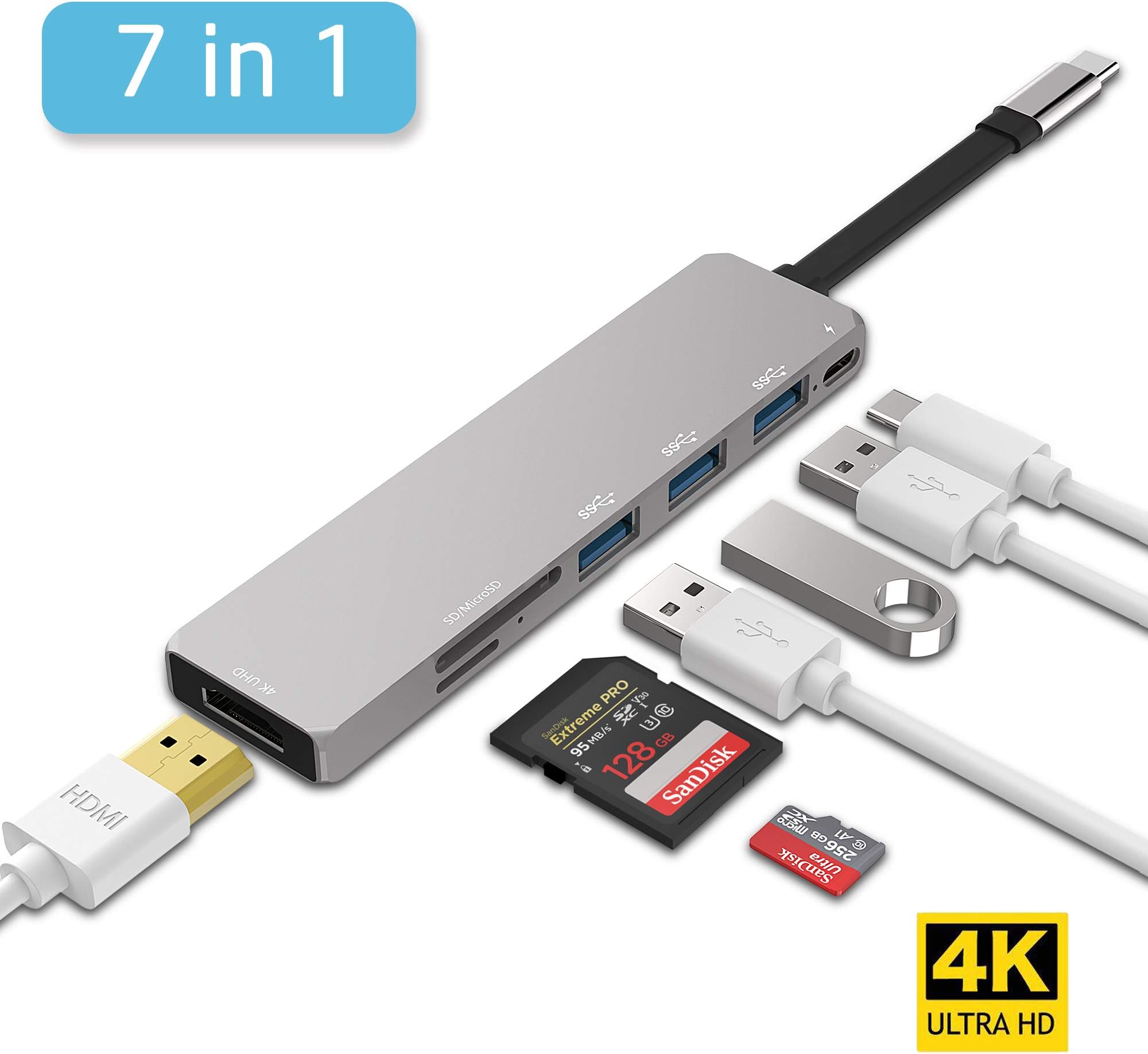 USB C Hub 7 IN 1, Inpher USB Type C 3.1 Adapter Dock with 60W PD Fast Charge 4K HDMI Output SD Card Reader 3 USB 3.0 Ports for MacBook Pro ChromeBook Type C Windows Laptops Samsung Note8 S8 S9 S9+ Dex