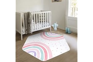 STARUIA Pink Rainbow Rug for Playroom, 55"x47" Washable Hexagon Kids Rug for Baby Girls Princess Tent Castle, Non-Slip Nursery Rugs Ultra Soft Play Carpet for Bedroom Classroom Dorm