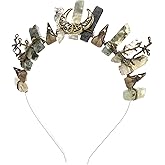 CoTeeZa Fairy Crystal Crow Skull Crown - Raw Quartz Witch Tiara with Bronze Moon, Headband for Renaissance Wedding Prom