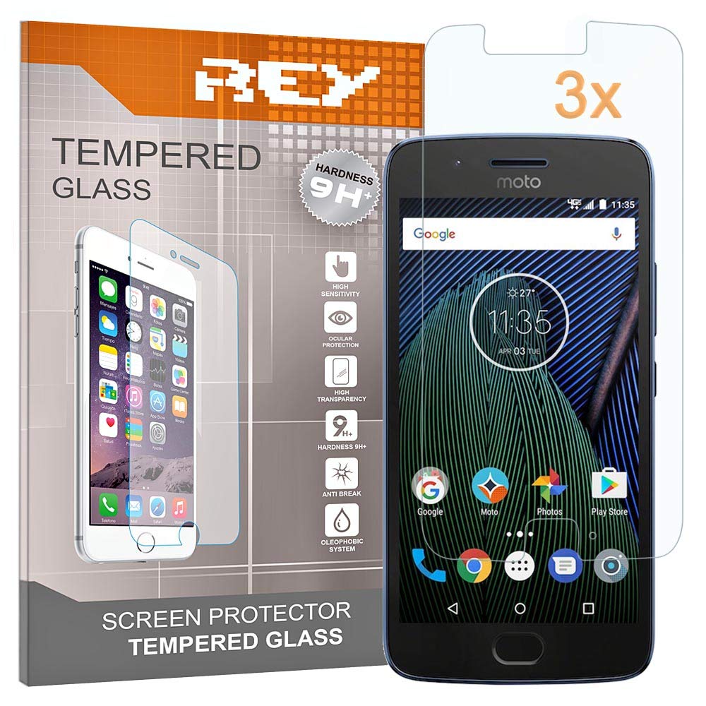 REY Screen Protector for MOTOROLA MOTO G5, Tempered Glass Film, Premium quality, [Pack 3x]