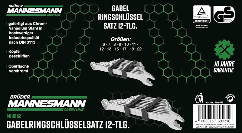 Brüder Mannesmann Gabelringschlüssel Set, 12-teilig - Gabelschlüsselsatz nach DIN 3113 - verchromter Satz Ring-Maulschlüssel mit polierten Köpfen, aus Chrom-Vanadium-Stahl - 6 bis 22 mm | M19652