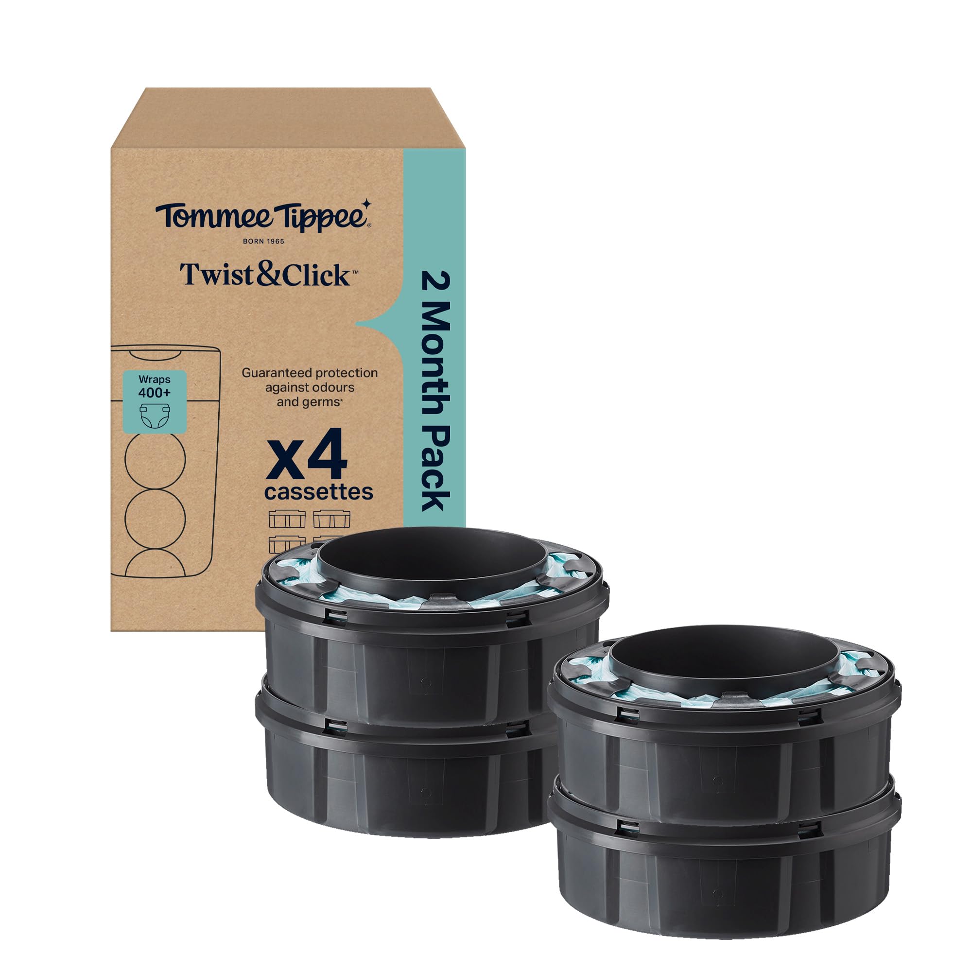 Tommee Tippee Twist and Click Advanced Nappy Bin Original Refill Cassettes, Exclusive Pack of 4, each 10.5 metres, for Easy refill and Great value, 4 X 10.5m (pack may vary)