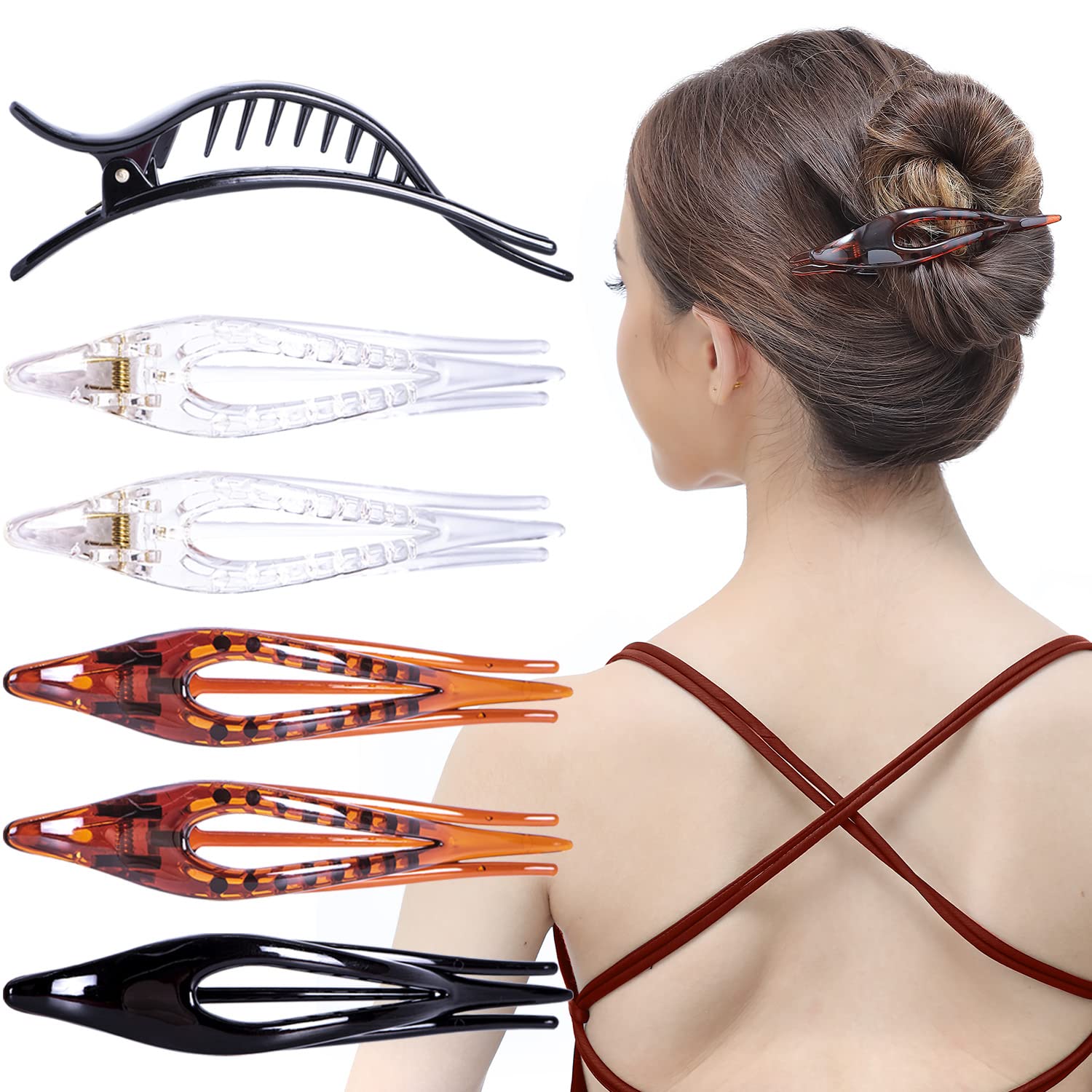RC ROCHE ORNAMENT 6 Pcs Womens Thin Curved Eyelet Side Slide No Slip Hair Clip Comfortable French Concord Duck Bill Pin Teeth Strong Hold Grip Beauty Accessory, Medium Clear Brown and Black