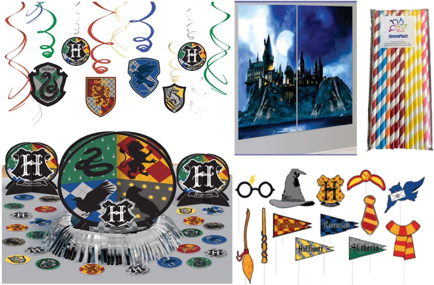 Harry Potter Birthday Party Decorating Kit: Hanging Swirls, Scene Setter with Photo Props, Table Decorating Kit and ElevenPlus2 Paper Straws