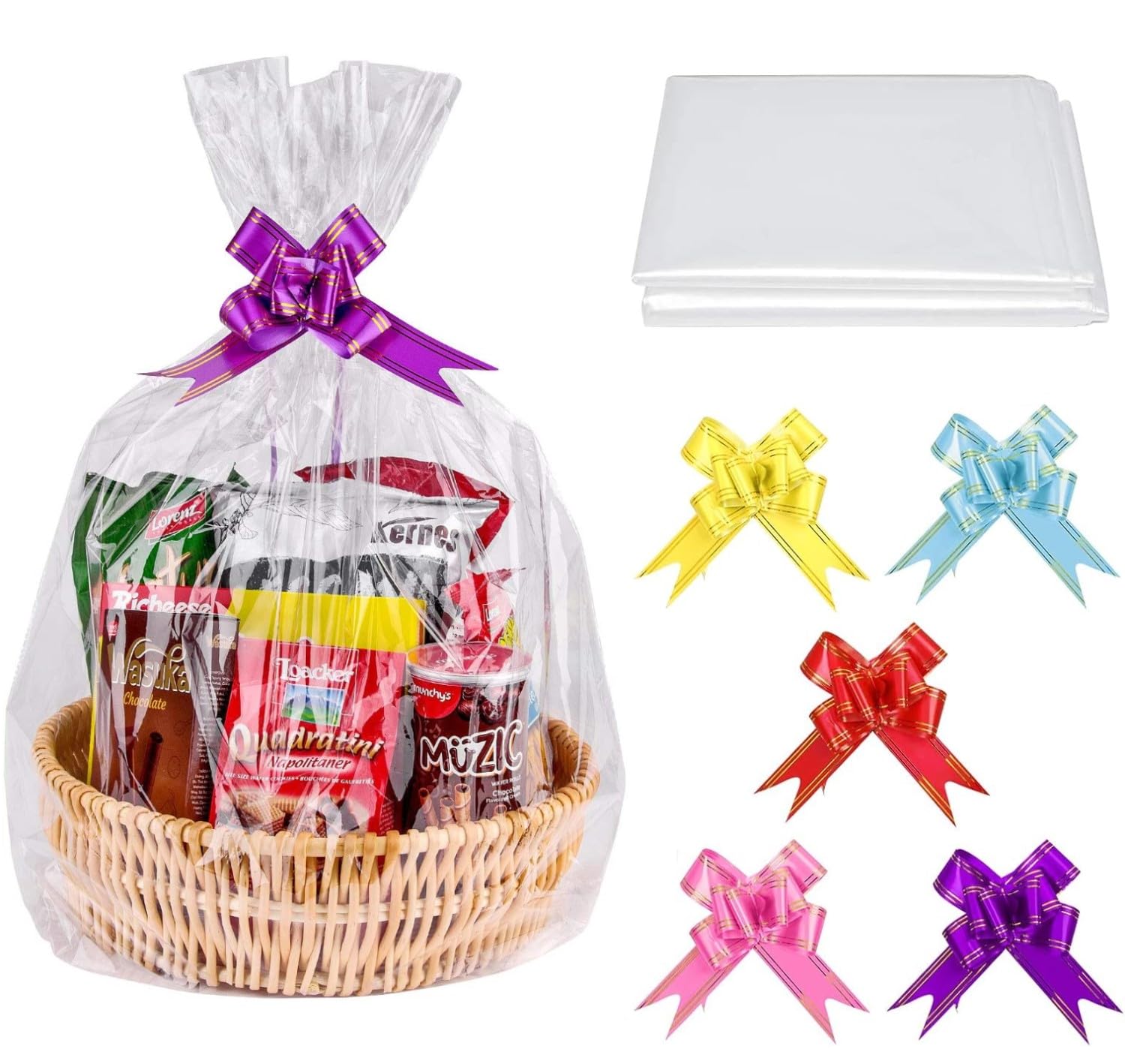 KAHEIGN 24Pcs Clear Gift Basket Bags, 32 x 22 Inches Cellophane Present Wrap Bags for Hamper Making Gift Basket Wrapping Arts Treat Doll Garment Crafts Packaging (with 24Pcs Bows Ribbon, NO Basket)