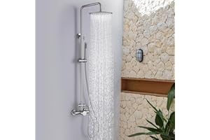 RBROHANT Outdoor Shower, Wall Mount Outdoor Shower Kit, Outside Shower Faucet with Height Adjustable Rain Shower Head and Handheld, Exposed Shower System for Pool, Wall Mounted, Brushed Nickel, JK0290