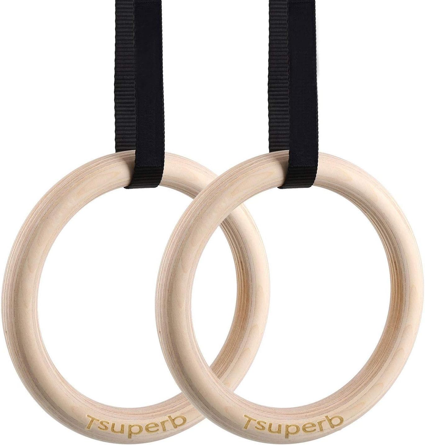 Tsuperb Wooden Gymnastics Rings with 15ft Adjustable Straps, Gym Wood Exercise Gymnast Rings Non-Slip Perfect for Cross Strength Training Workouts Fitness
