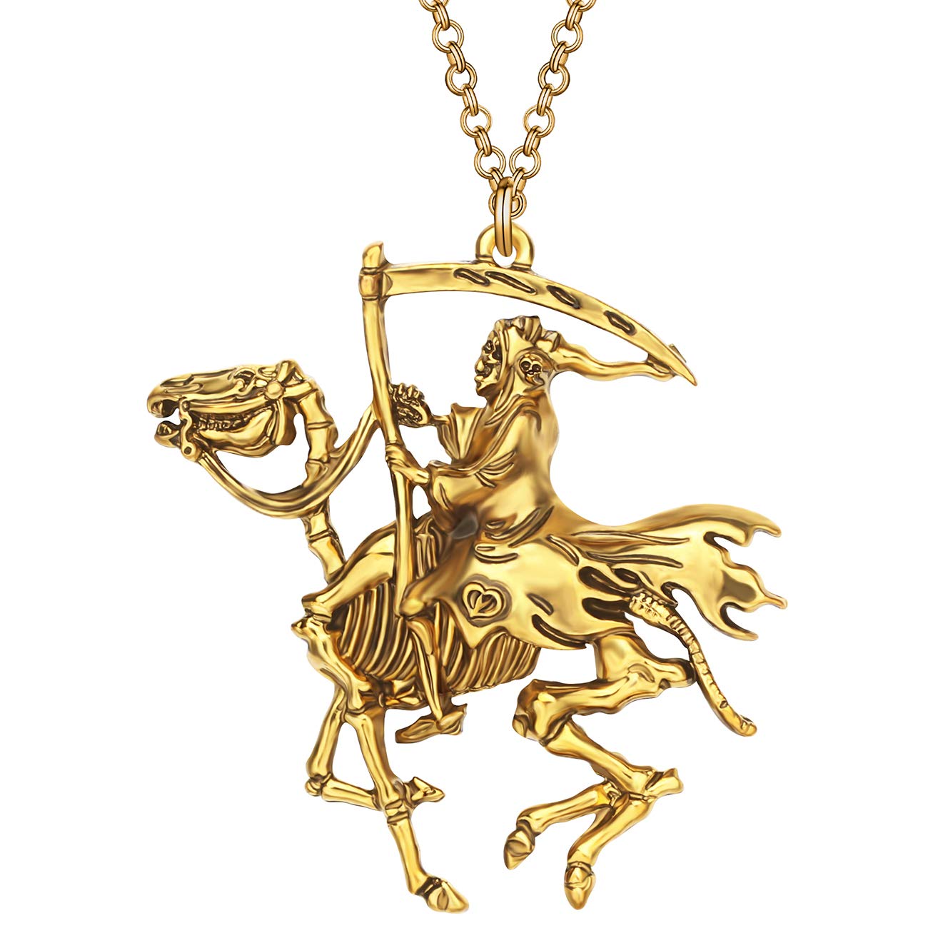 WEVENI Alloy Halloween Grim Reaper Necklace Gold Silver Plated Skull Pendant Jewelry Gift For Women Girls (Gold)
