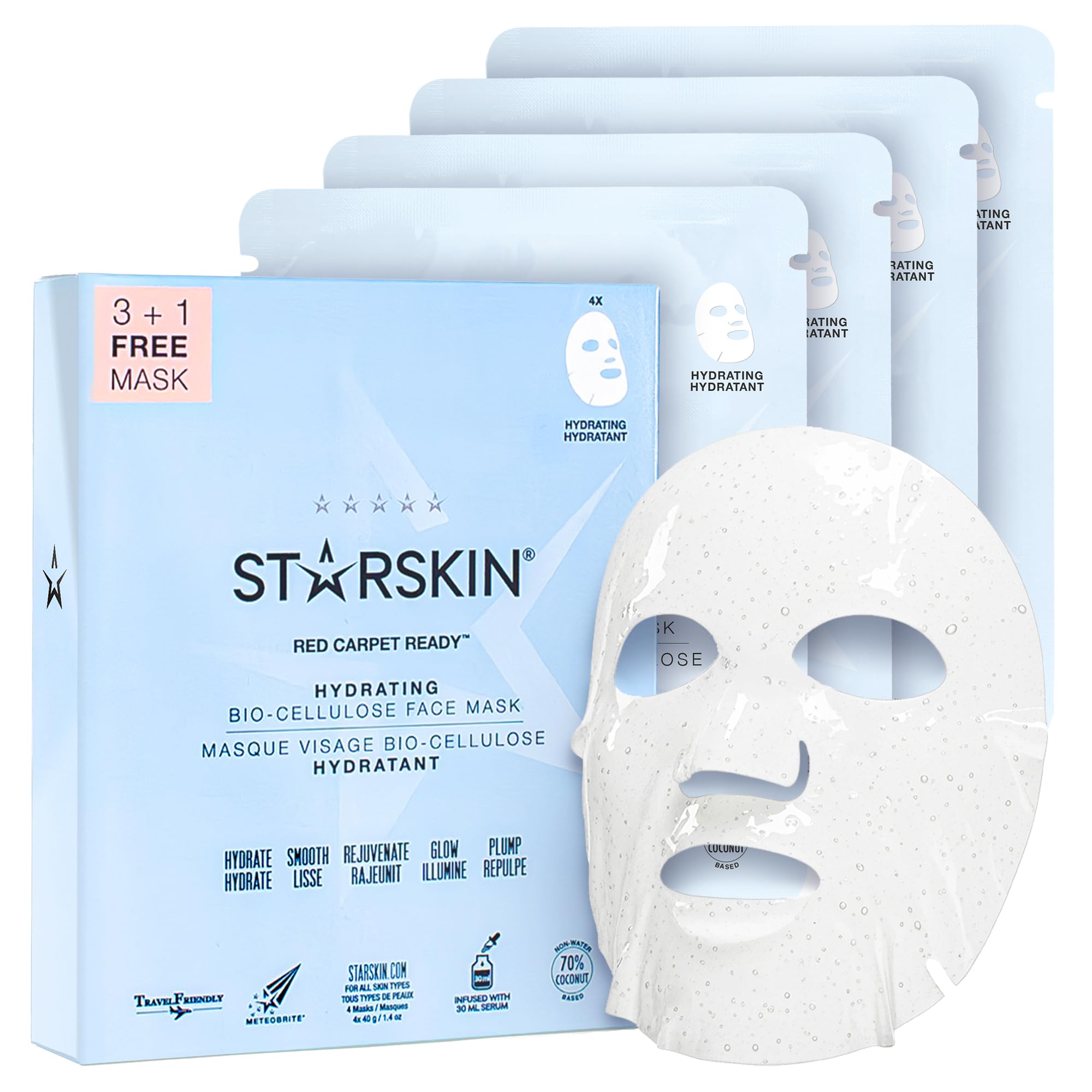 STARSKIN Red Carpet Ready (3+1), Coconut Bio-Cellulose Hydrating Face Mask for all Skin Types, Glass Skin, Korean Skincare Mask, Instant Hydration, Revitalizing and Moisturizing, K Beauty Skincare