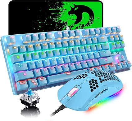 Amazon ゲーミングキーボードとマウスのコンボ 87キー レインボー バックライト付きメカニカルキーボード Rgbバックライト6400 Dpi 軽量ゲーミングマウス ハニカムシェル Pcゲーム用大型マウスパッド ブルー Felicon キーボード マウスセット 通販