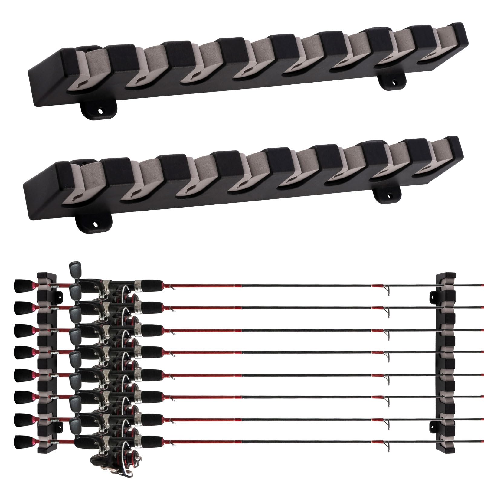 Dr.Fish 1 Pair Wall Mounted Fishing Rod Pole Holder Rod Stand Fishing Wall Vertical Fishing Holder for Storing 8 Slots Complete with Accessories in the Box