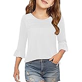 Sunborui Girls Summer 3/4 Length Sleeve Tops Casual Cute Shirts Ruffle Bell Sleeve Front Pleated Blouses