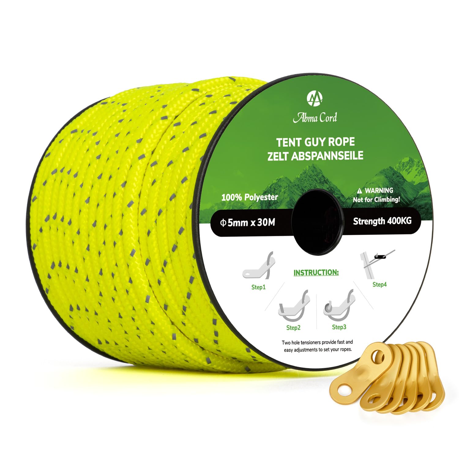 Abma Cord Tent Guy Ropes 5mm 30M Guy Line 6 Pcs Guy Rope Tensioners Heavy Duty Guide Rope for Camping, Gazebos, Awning, Tarp - Reflective Neon Yellow