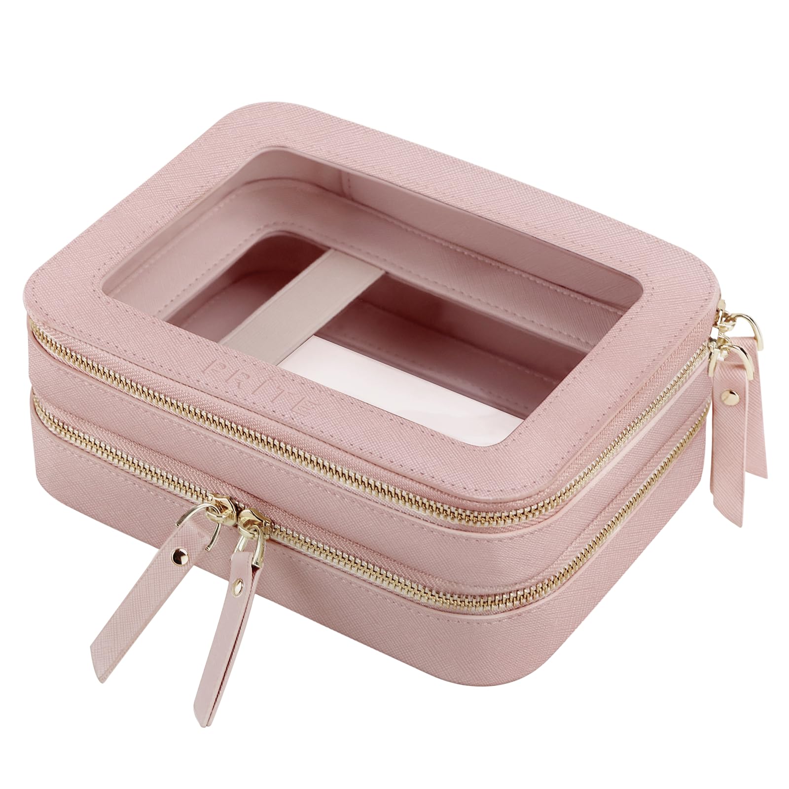Prite Double Layer Makeup Bag for Women Portable Clear Makeup Bag Cute Waterproof Travel Cosmetic Bag with Gold Zipper for Car Essentials(Pearlescent Pink) Image