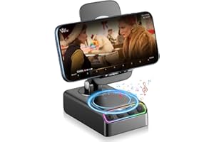 Hupoaf Adjustable Cell Phone Stand with Wireless Induction Bluetooth Speaker, HD Surround Sound, Home/Outdoor, Anti-Slip Base, Foldable Holder, LED, Compatible with iPhone/Samsung, Gifts for Men Women