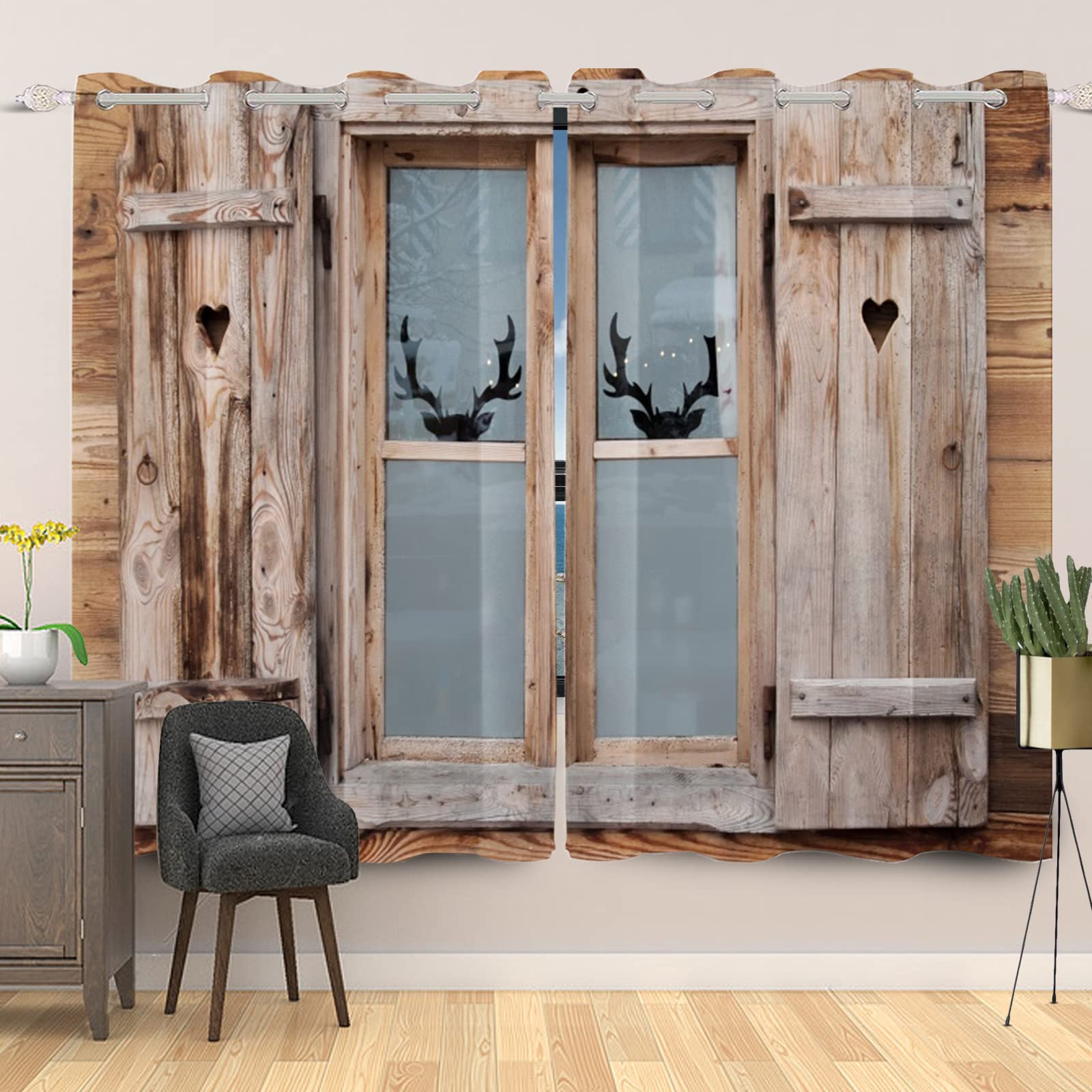 SDOTPMT 42x84 Inch Wooden Barn Door Window Curtain Vintage Farmhouse Rustic Garage Gate Rural Countryside Antlers Decor Window Drapes for Living room Light Blocking Curtains, 2 Panels