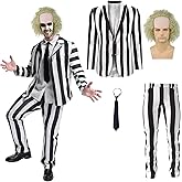 YIGMAW Adult Costumes for Men 4 Pcs Black and White Stripe Suit with Wig Movie Cosplay Outfits for Halloween Party