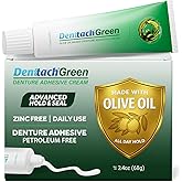 Denttach Green Denture Adhesive, Petroleum Free Olive Oil Based Denture Cream for Full and Partial Dentures, All Day Secure Hold Premium Denture Glue, Zinc Free, 2.4 Ounce
