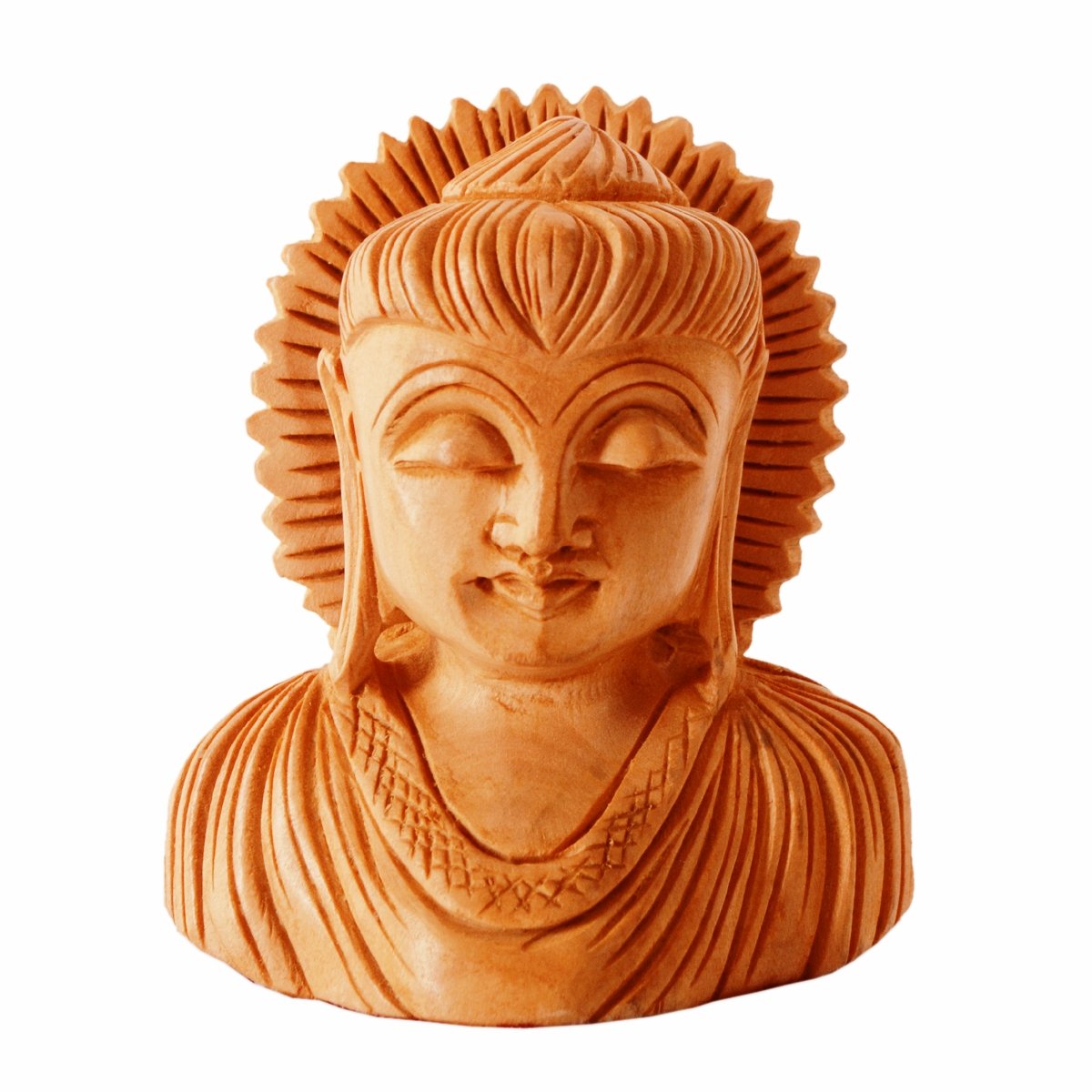 Purpledip Wooden Buddha Bust With Chakra: Finely Carved By Master Craftsmen (11251)