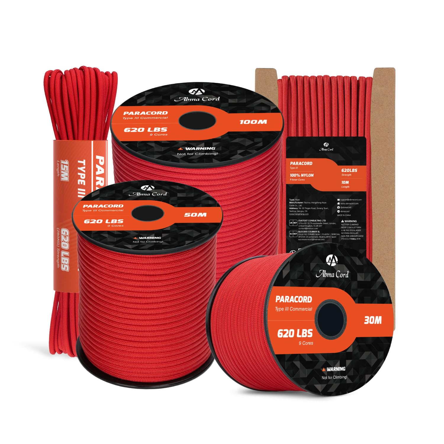 Abma Cord Paracord 4mm 15m 100% Nylon Rope 9 Strands Type III Parachute Cord for DIY, Camping, Survival, Outdoor - Max. 280kg - Red