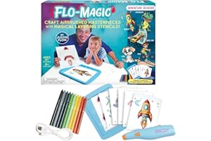 Flo-Magic Adventure Airbrush Marker Stencil Art Set | Washable Non-Toxic Rechargeable Craft Kit | Rocket Race Car Dinosaur Bike Puppy; for Kids Age 5 6 7 8 9 10