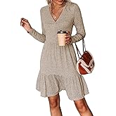 CUPSHE Women's Long Sleeve Chic V-Neck Mini Dress Jersey Knit Ribbed Flounce Hem Autumn Dresses