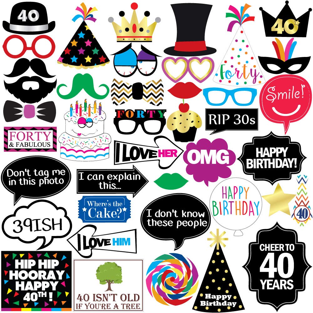 40th Birthday Photo Booth Party Props - 40 Pieces - Funny 40th Birthday Party Supplies, Decorations and Favors
