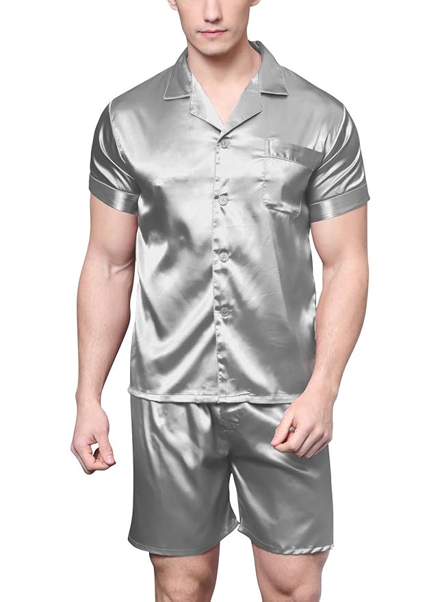 Herren Kurz Satin Schlafanzug Kurzarm Pyjama Set mit Shorts