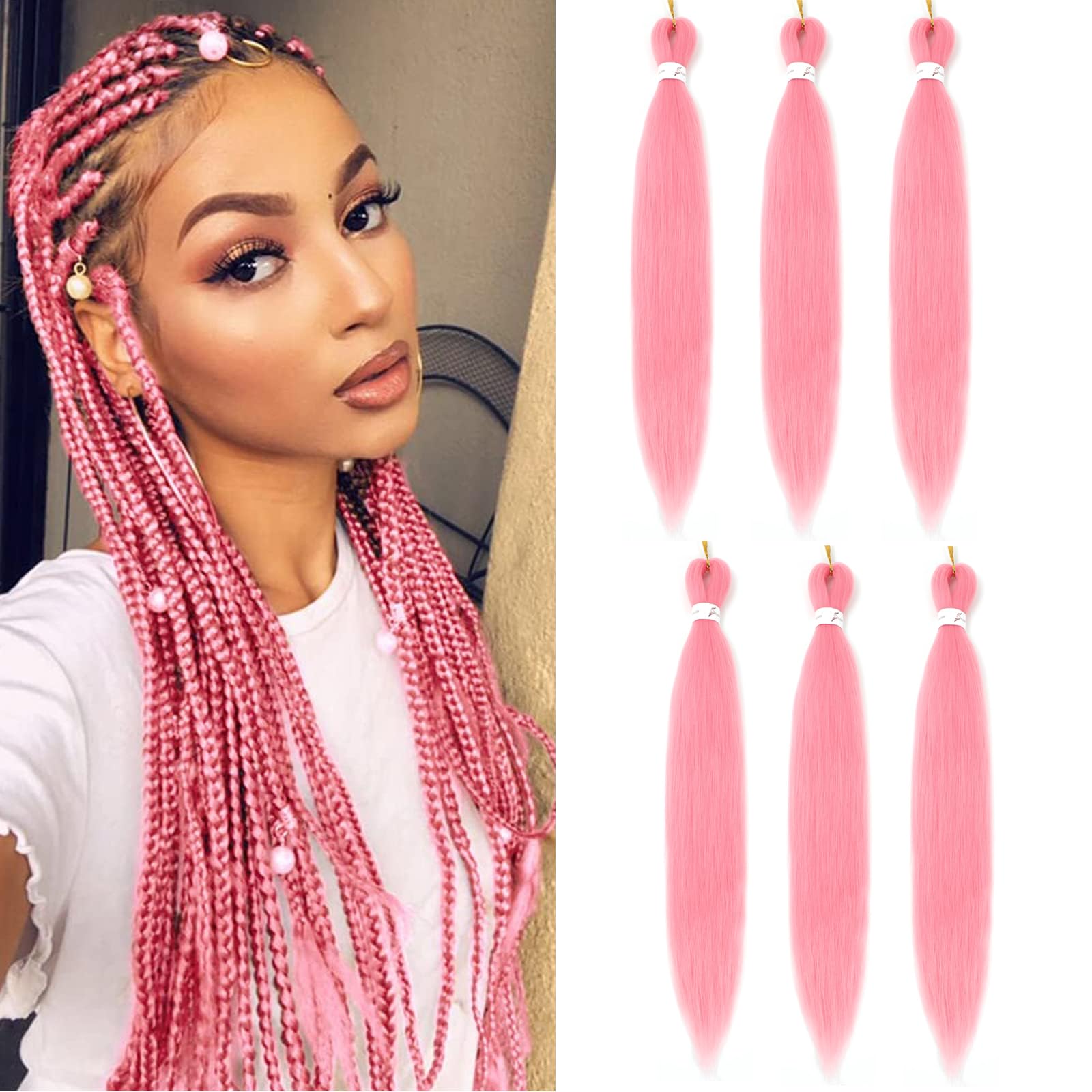 Easy Braid Pre stretched Braiding Hair Extensions - 26 Inch 6Packs Braiding Hair Soft Yaki Texture Crochet Synthetic Hair for Woman Hot Water Setting Crochet Braiding Hair Extensions (Pink#) โ image 1