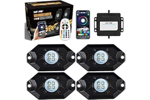 SUNPIE 4 Pods RGBW Rock Lights Aluminium Metal LED Underglow Light Kit App RF Remote Control Voice Mode Music Mode Multicolor Wheel Well Lights for Off Road Trucks SUV ATV UTV Trailer Boats