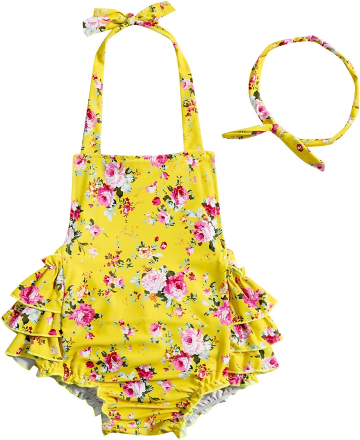 China Rose 50's Floral Ruffles Rompers Backless Dress Bathing Suit Swimwear