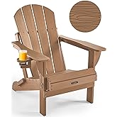 Ciokea Folding Adirondack Chair Wood Texture, Patio Adirondack Chair Weather Resistant, Plastic Fire Pit Chair with Cup Holder, Lawn Chair for Outdoor Porch Garden Backyard Deck (Teak)