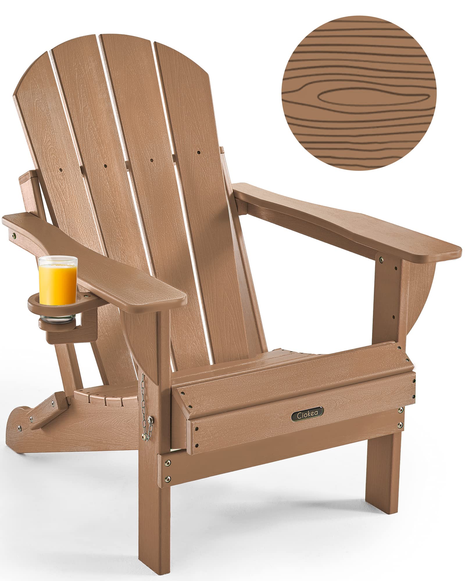 Ciokea Folding Adirondack Chair Wood Texture, Patio Adirondack Chair Weather Resistant, Plastic Fire Pit Chair with Cup Holder, Lawn Chair for Outdoor Porch Garden Backyard Deck (Teak) Image