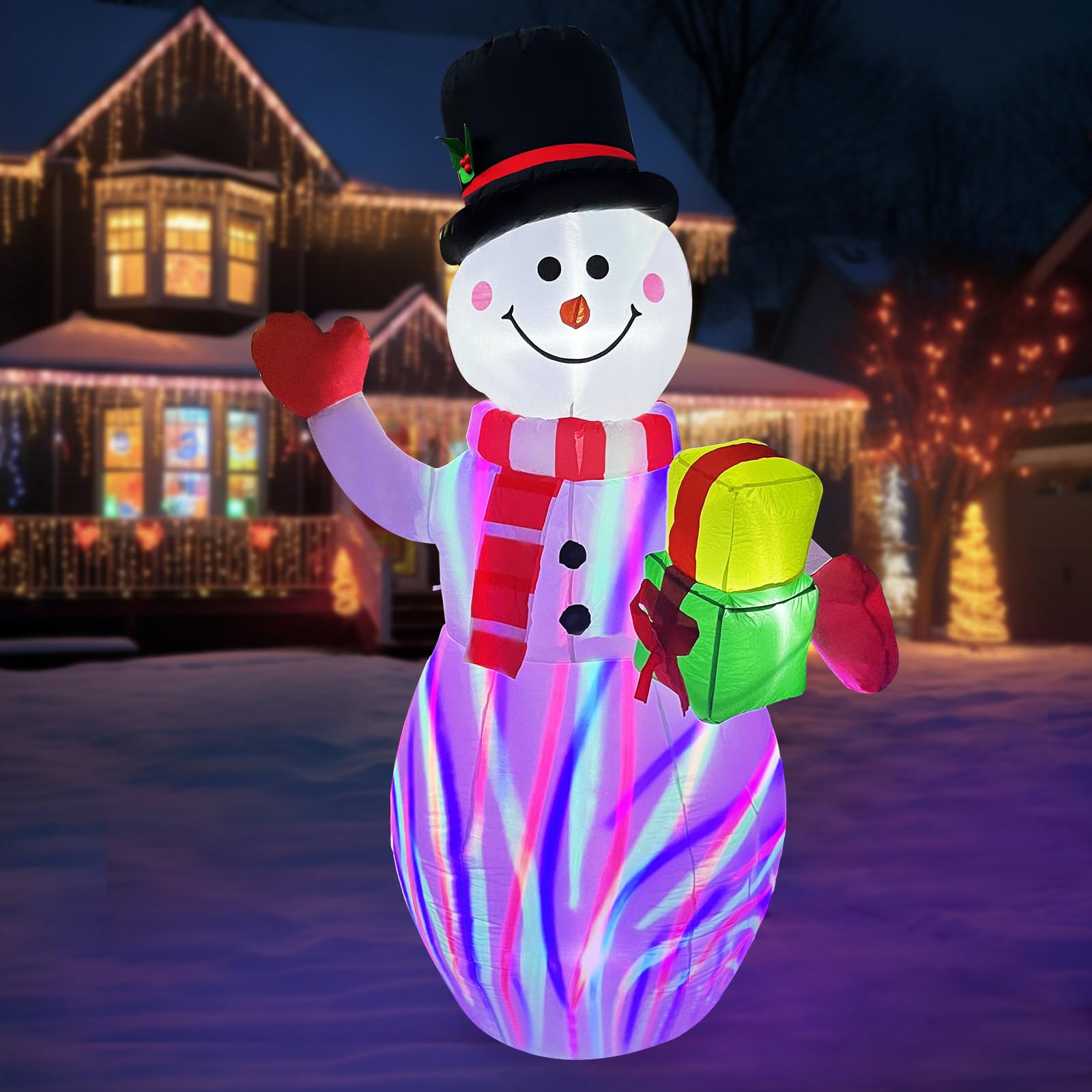 View 1 of Allhero 7FT Christmas Inflatables Snowman, Giant Christmas Inflatables Outdoor Decorations with Colorful Dynamic LED Projection Light, Gifts, Wear Magic Hat and Striped Scarf for Yard Garden Decor