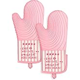 Slohif Long Silicone Oven Mitts Heat Resistant for Women - 2 Pcs Chef 100% Cotton Oven Gloves, Non-Slip and Waterproof Silicone Oven Mitts with Hanger for Baking and Cooking