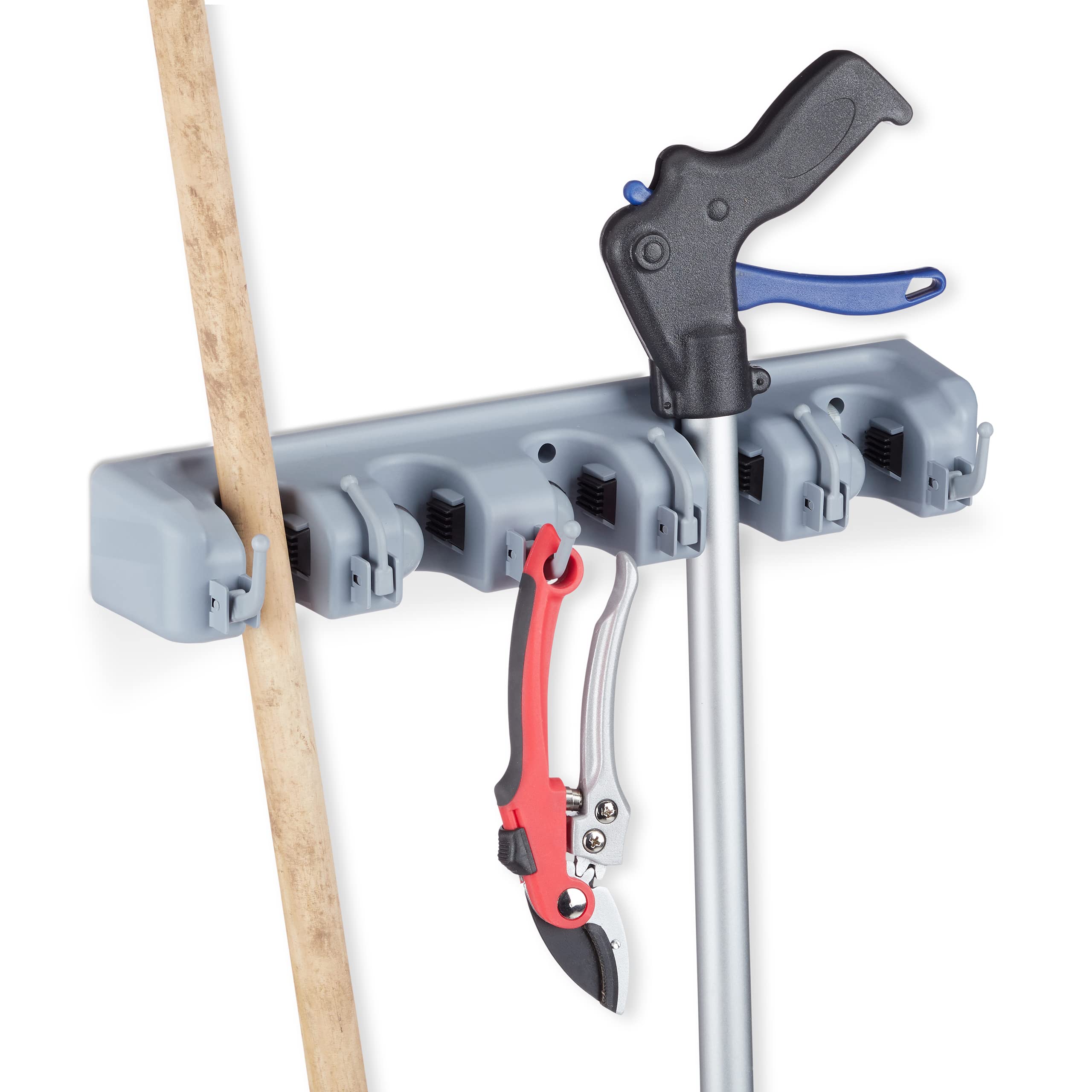 Relaxdays Utility Holder, Wall-Mounted, 5 Clamp Holders, 6 Folding Hooks, Universal Tool Holder, 40 cm, PP, Grey