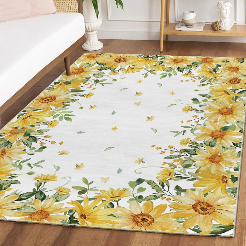 Photo 1 of Artoid Mode Yellow Daisy Summer Area Rug, Spring Home Decor Low-Profile Washable Area Rugs for Entryway Bedroom Living Room Laundry Room Indoor 5x7 Feet
