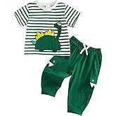 Amnnchya Toddler Baby Boy Summer Outfit Dinosaur Striped Short Sleeve Shirt Matching Pocket Pants Set Boys Clothes Outfits