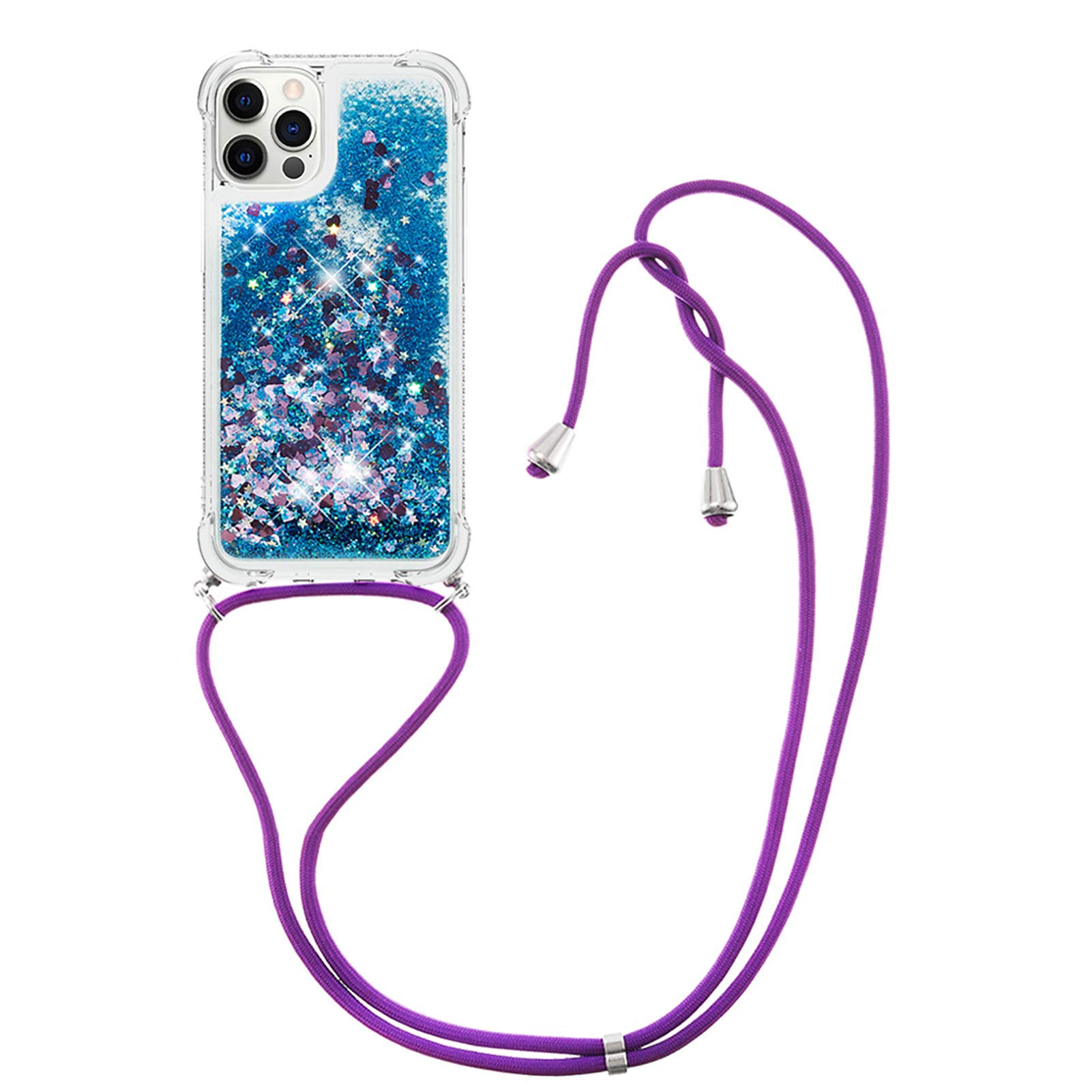 MRSTER Lanyard Phone Case for iPhone 12 Mini, Bling Glitter Quicksand Liquid Sparkle Silicone TPU Case Cover With Crossbody Necklace Cord Strap for iPhone 12 Mini 5.4”. LP Love Blue — image 1