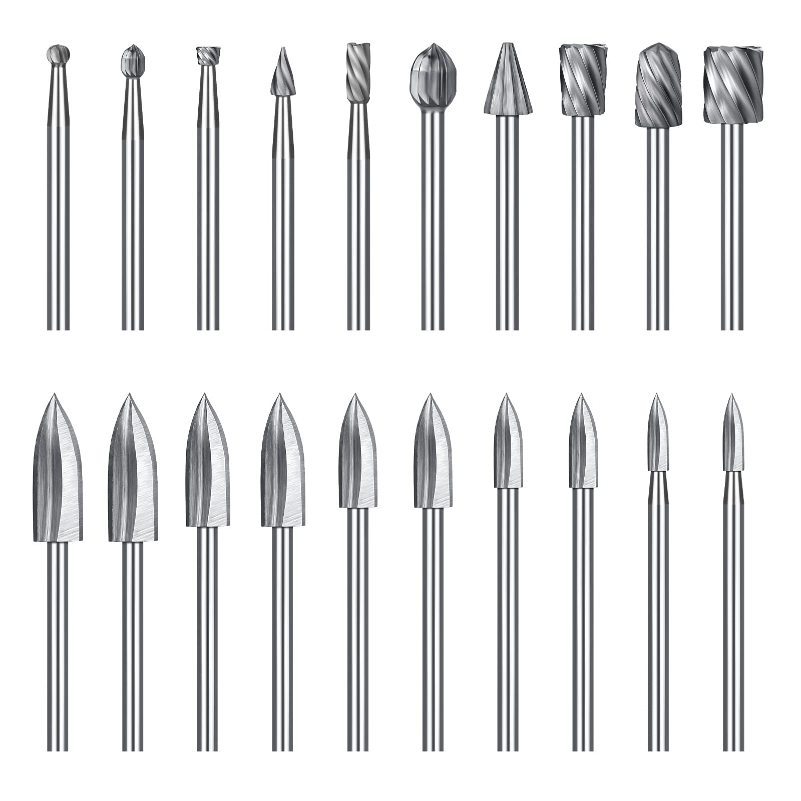 20pcs Rotary Burrs Set, HSS Rotary Burrs Milling Bits Wood Routing Tool Accessories Rotary Tool 3mm Shank for Woodworking, Carving, DIY Drilling — image 1