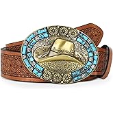 Aurolran Western Cowboy Cowgirl Belt Country belt for Men Women, Leather Bull Buckle Belts for Jeans