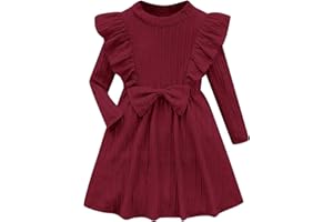 Kimoda Girls Long Sleeve Ruffle Dresses Solid Ribbed Knit Fall Winter Dress for Toddler Casual Bowknot Dresses 2-6 Years